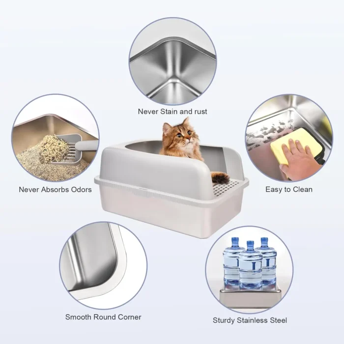 Stainless Steel Cat Litter Box with Lid, 20" L x 14.2" W x 11.8" H, Extra Large Litter Box for Big Cats with High Sided - Image 3